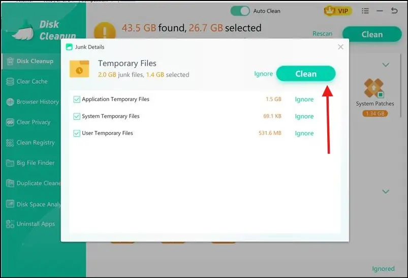 Select temp files to review its junk details to clean your Windows 11