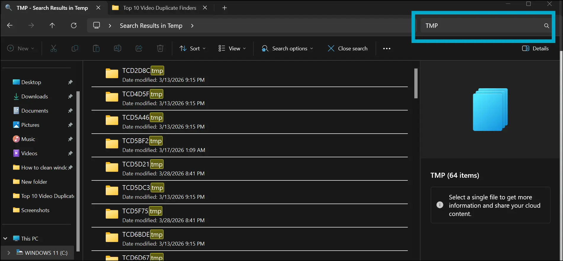 Manually search for a specific files in the Windows 11 temporary files folder