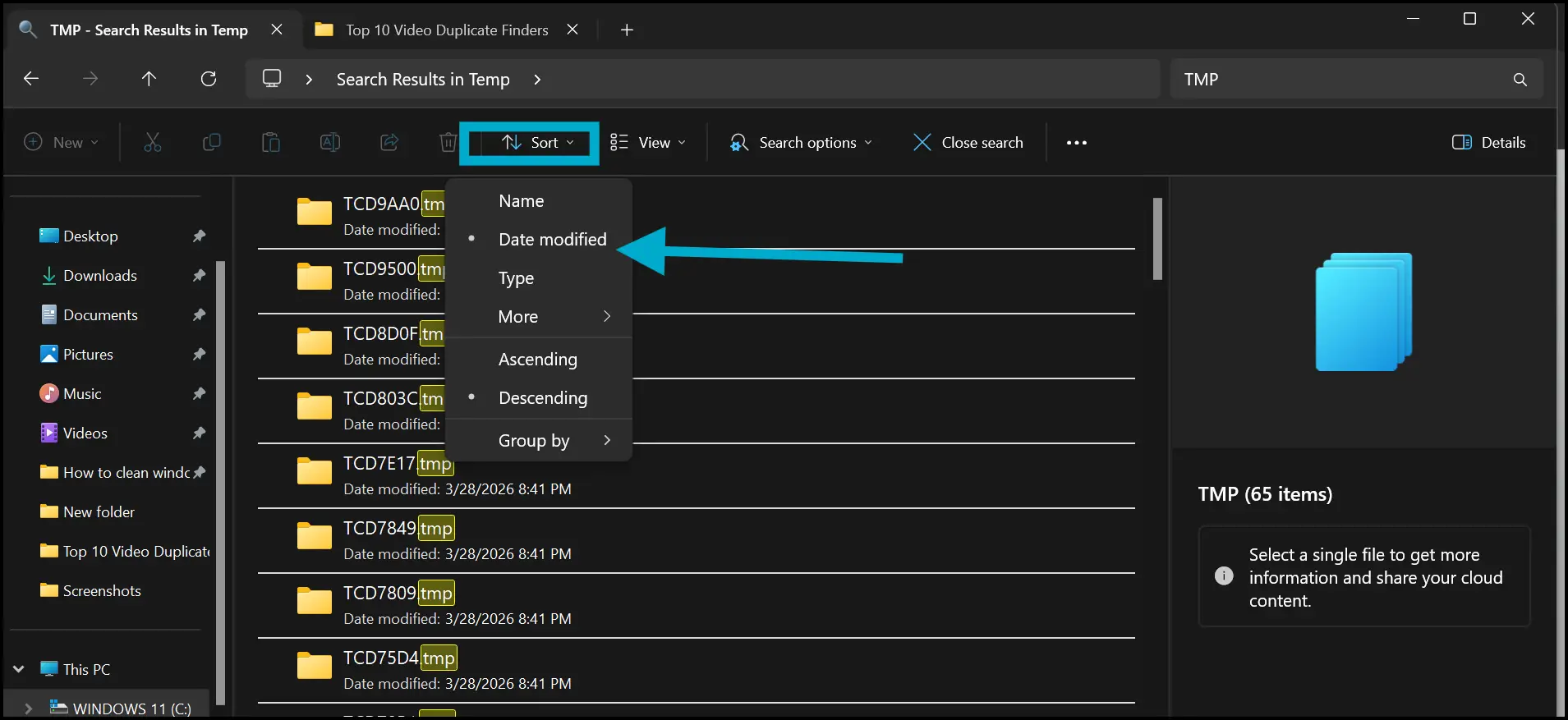 Sort temp files folder to find specific file in Windows 11