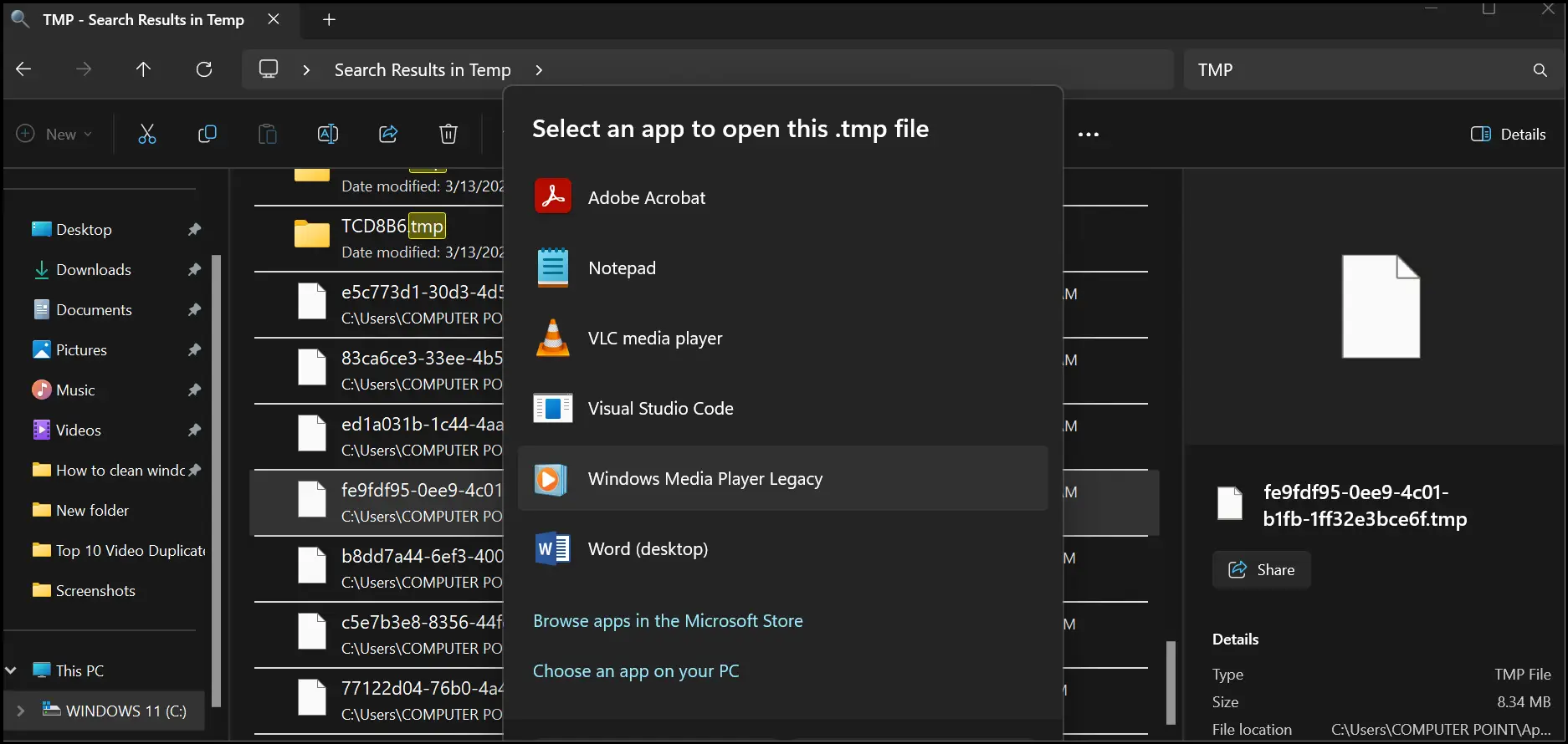 Right click and select app to open your temporary file on Windows 11