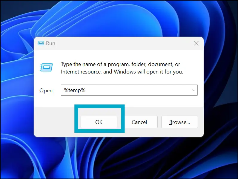 Open Run dialog box to access temporary files in Windows 11.