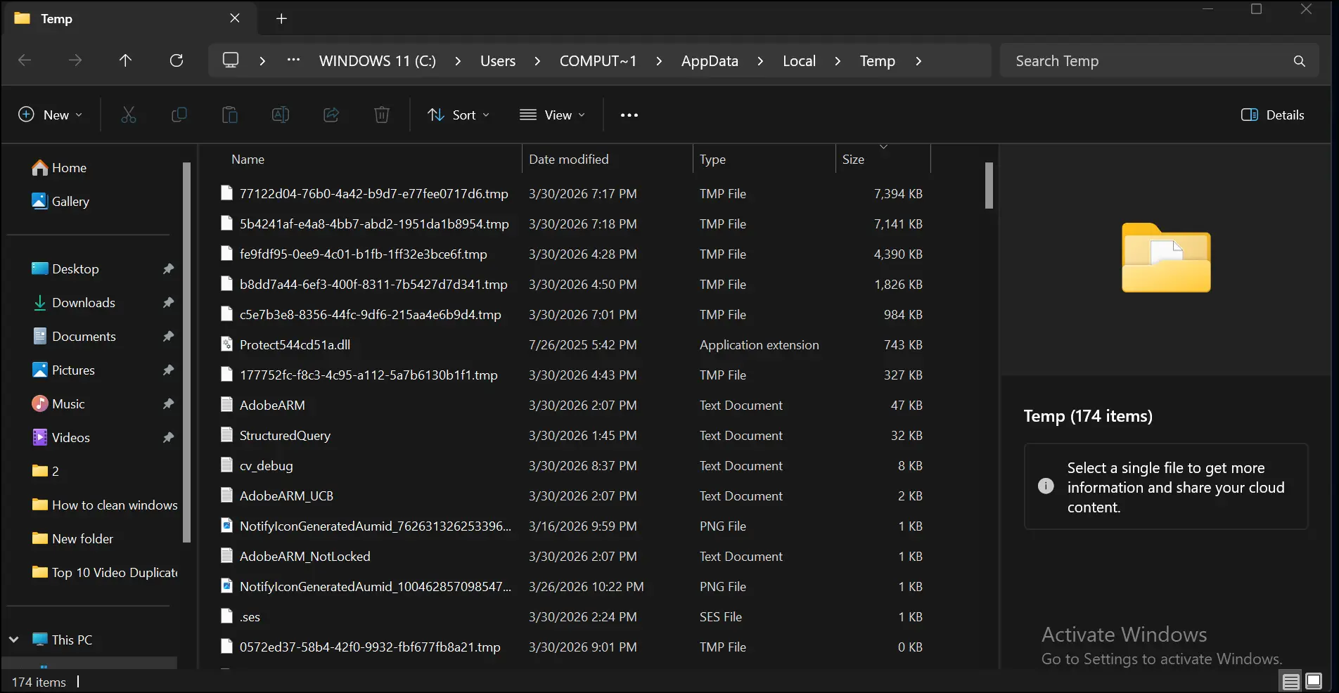 Review temporary files before cleaning it up from Windows 11.
