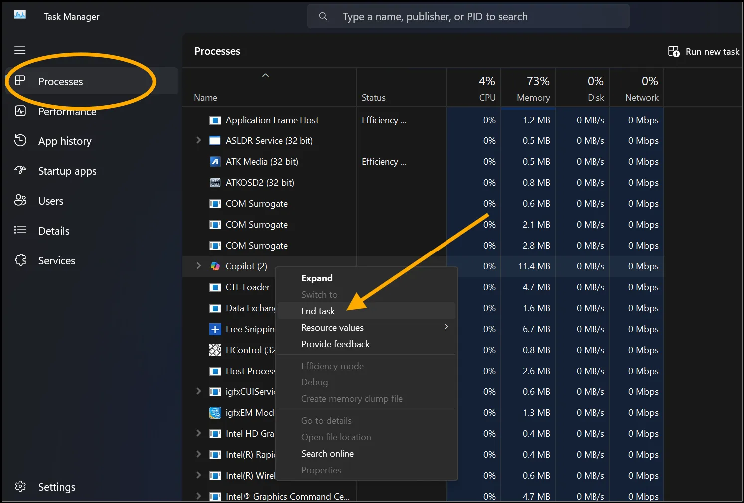 Right-click to End Task for unnecessary processes for efficient PC.