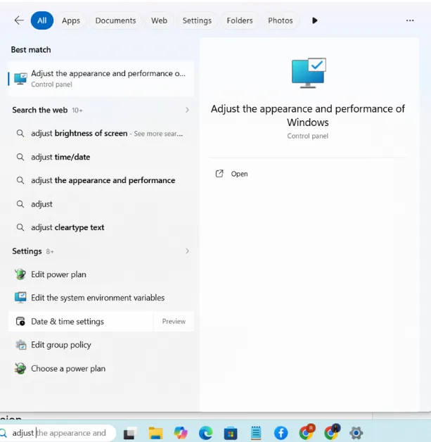 Go to adjust the appearance and performance of windows from the start menu.