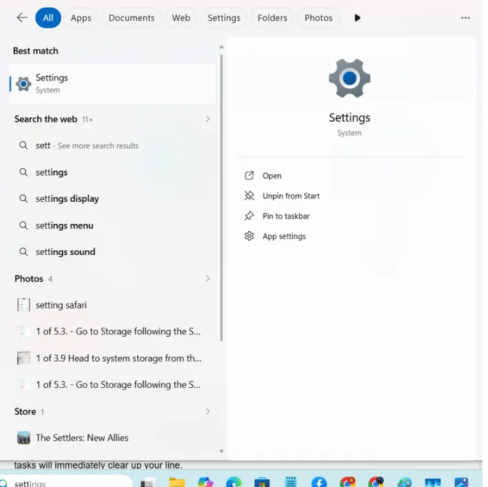 Open settings from the start menu to lower ping in games.