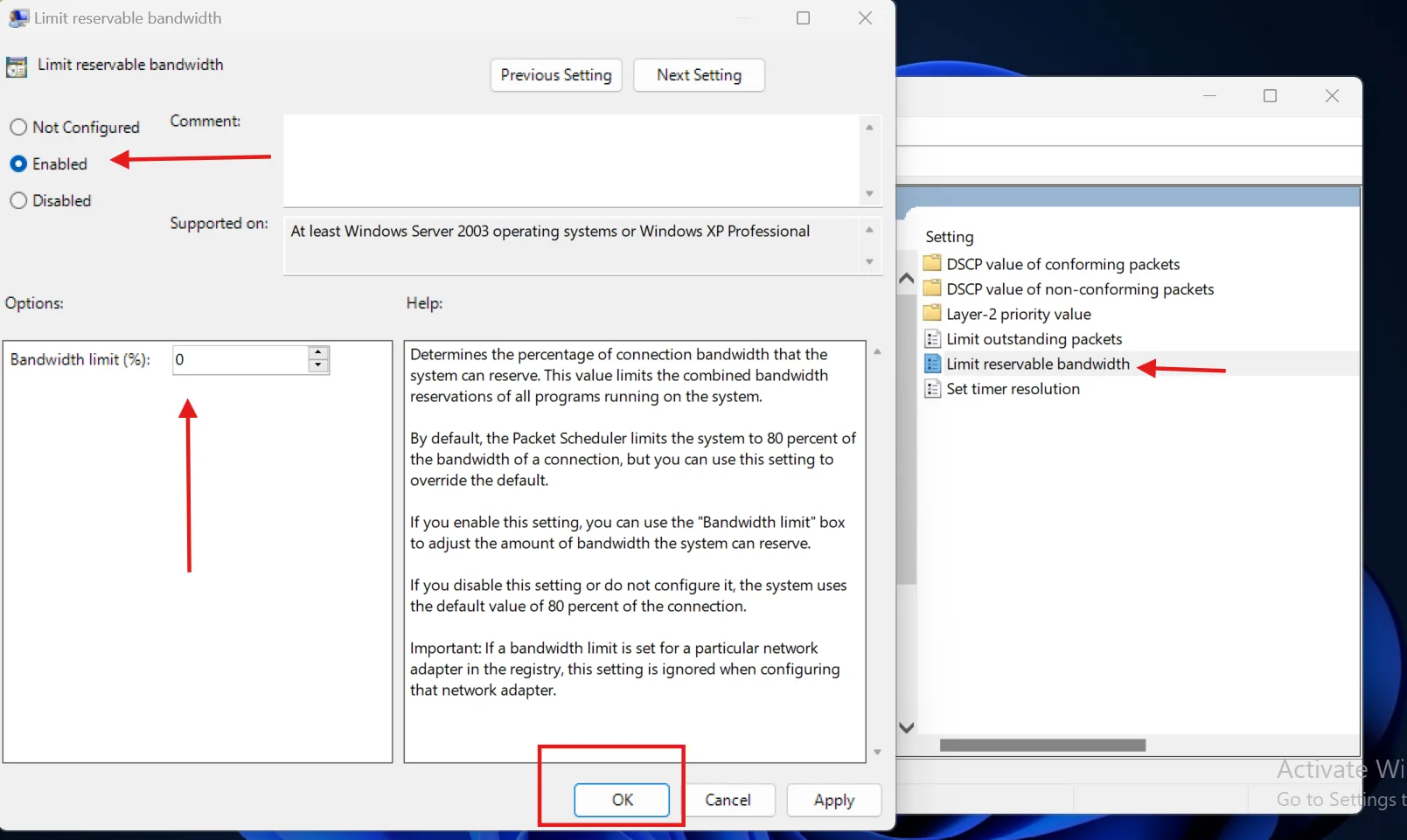 Enable the limit reservable bandwidth.