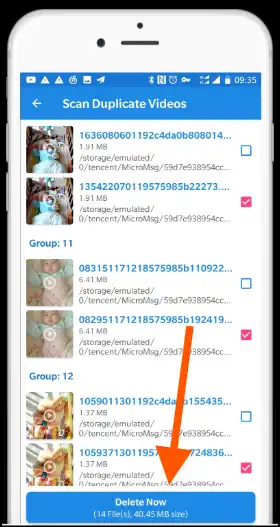 Select desired files and click Delete Now to remove duplicates on Android.