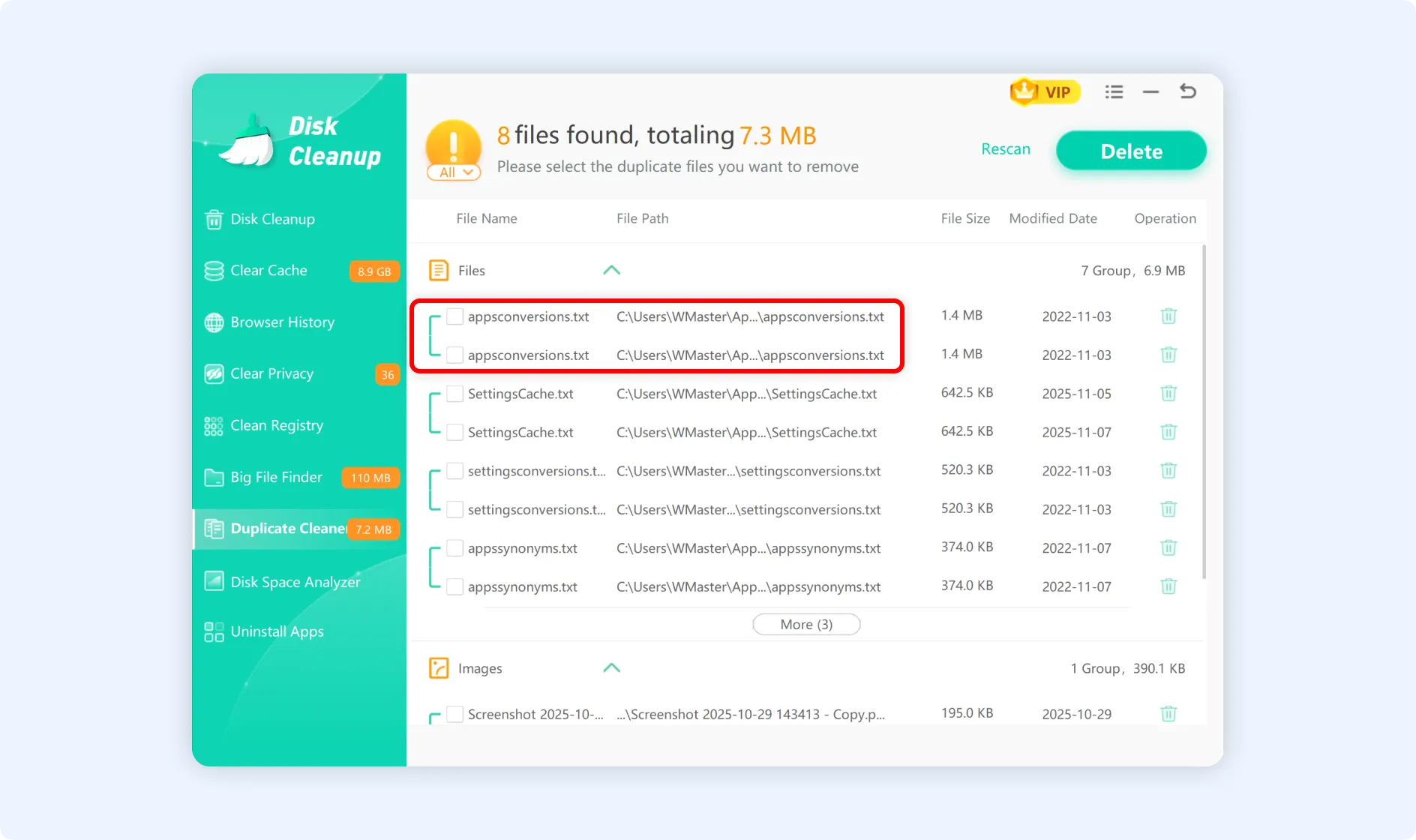 Group of duplicate files is displayed that are categorized in their specific file format.
