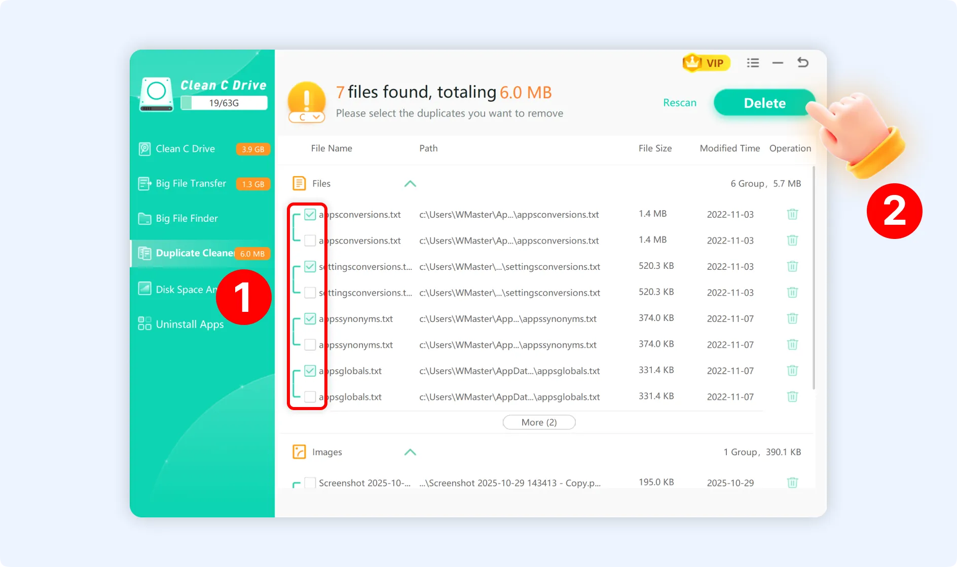 Select multiple files, and click Delete to remove them with the Duplicate Clean feature.