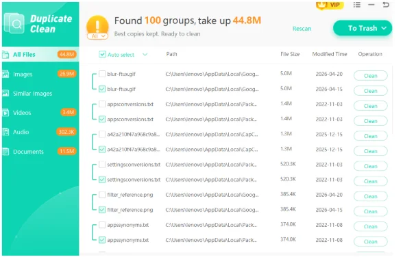 Check all the duplicates and select the To trash option to delete them all.