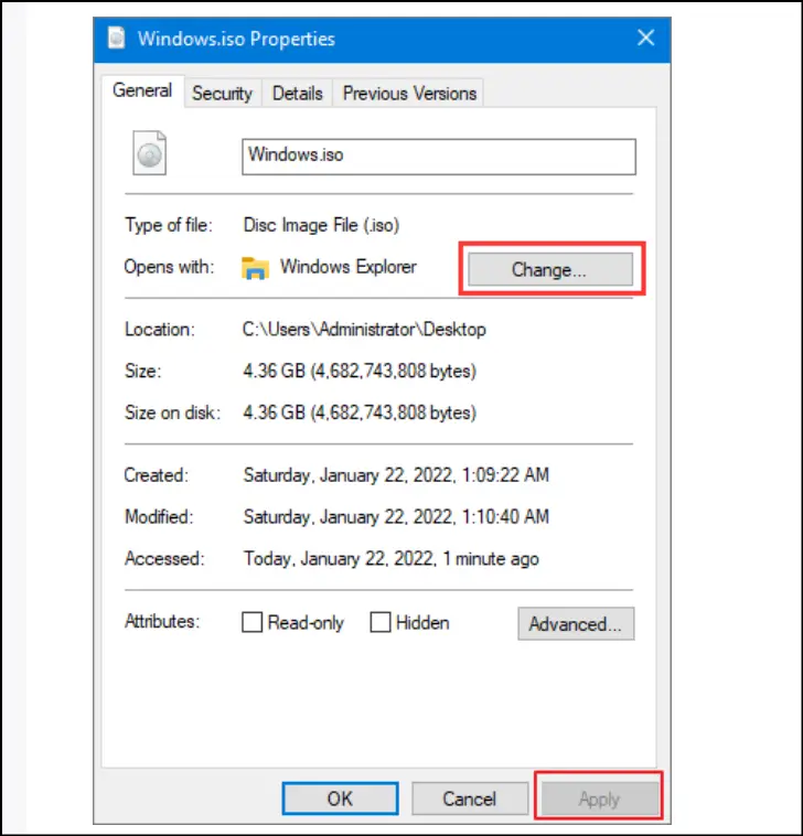 Right-click on ISO file to open its properties.