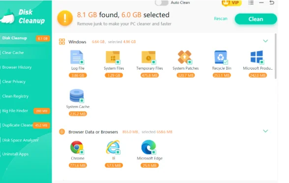 Check all the junk found in the system within each file.