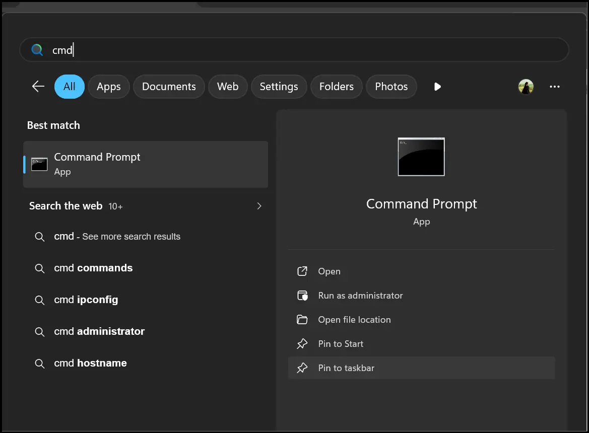 Open Command Prompt app to fix install error - 0x800f0991 windows 11.