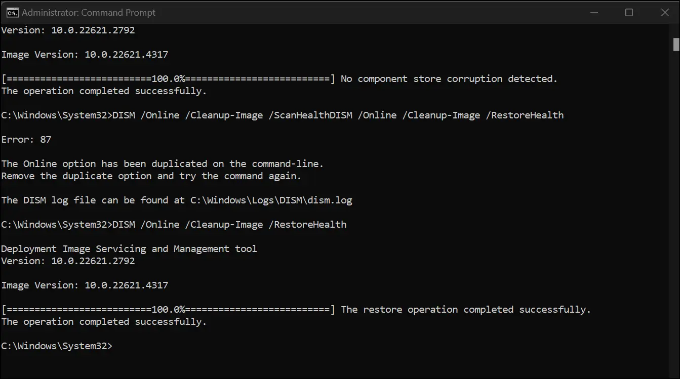 Run DISM commands to fix error code 0x800f0991 in Windows 11.