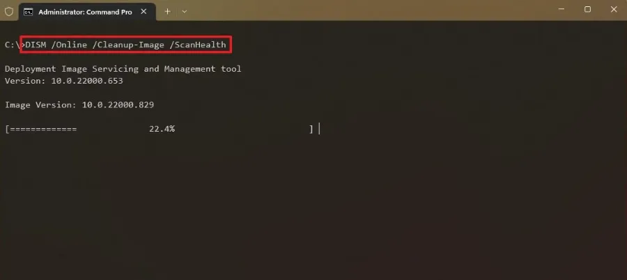 DISM ScanHealth command running in Windows 11 Command Prompt.