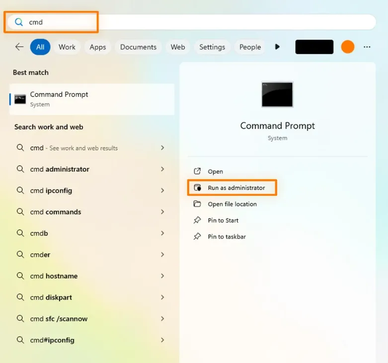 Open Command Prompt to fix download error -0x80246019 in Windows 11.