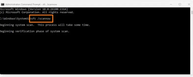 SFC scannow command running in Windows 11 Command Prompt.