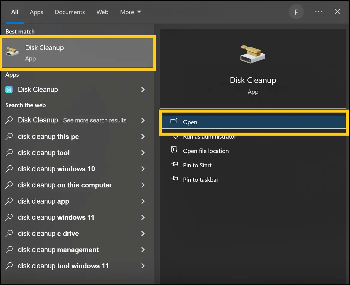 Windows search with Disk Cleanup in the search results.