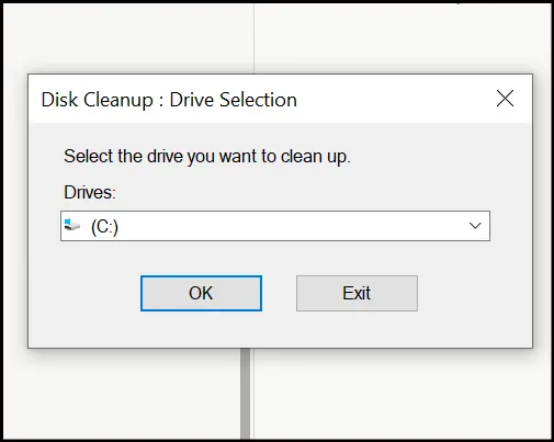 Disk Cleanup dialog box where you select C drive.