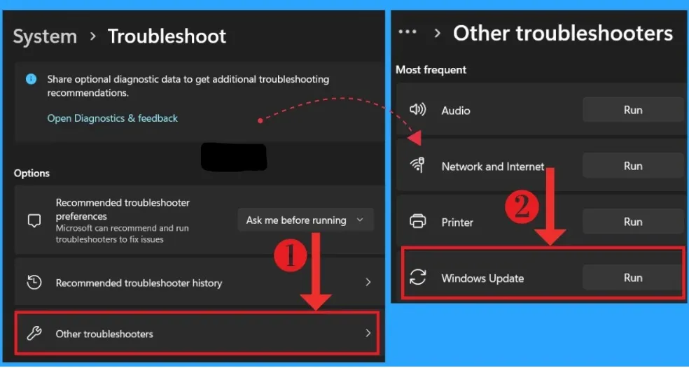 Windows 11 Other Troubleshooters screen showing Windows Update Run button.