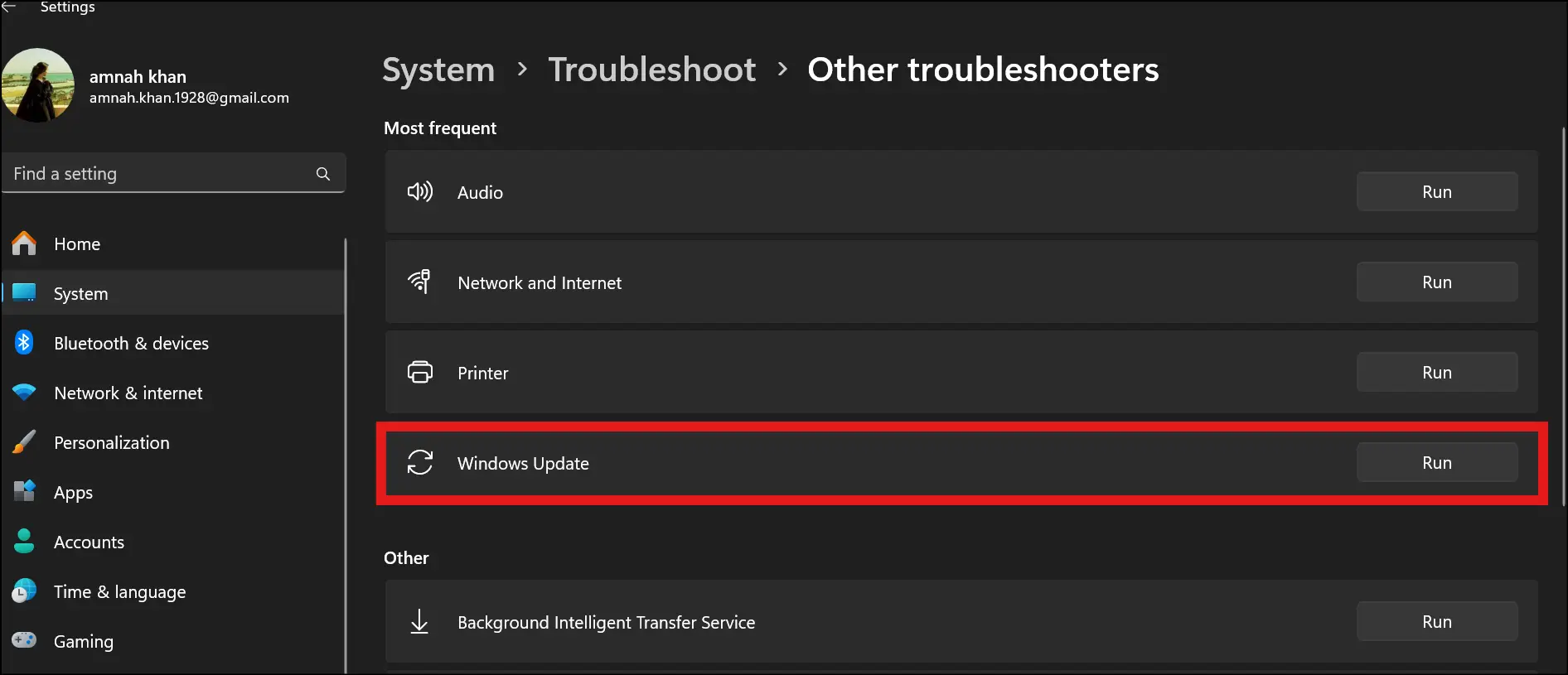 Click Run to detect the Windows Update issues.