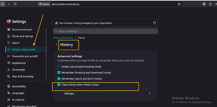 Choose custom settngs for history.