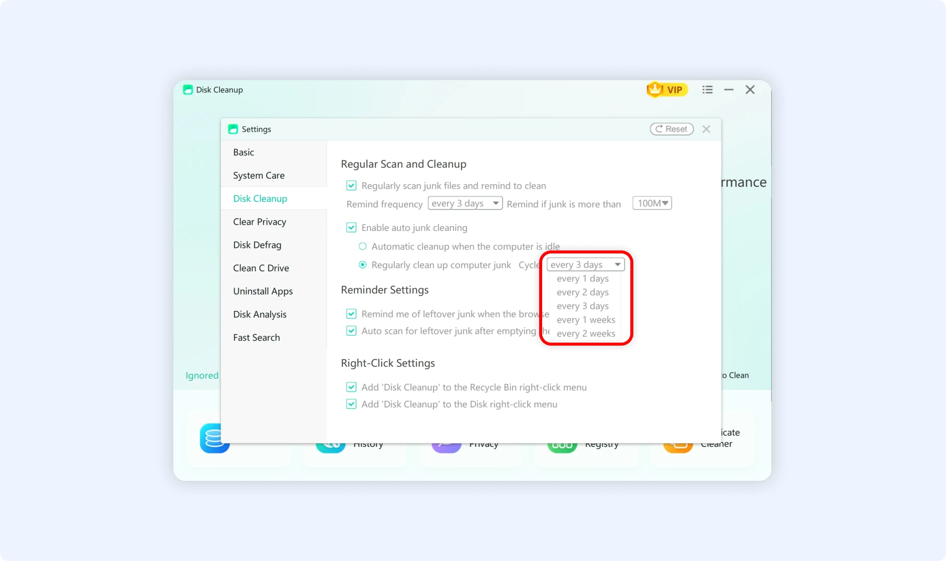 Select desired cycle to regularly clean up computer junk.