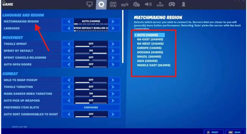 Set up your in-game matchmaking region.