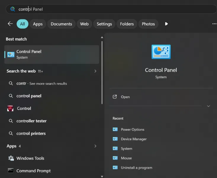 Search for the Control Panel and open it.