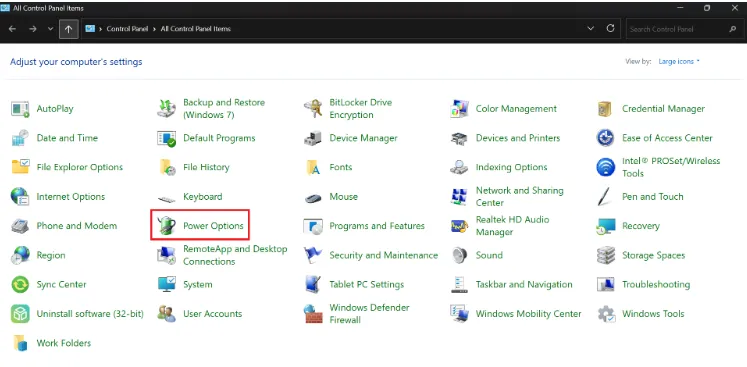 Click on Power options to land on it's main interface.