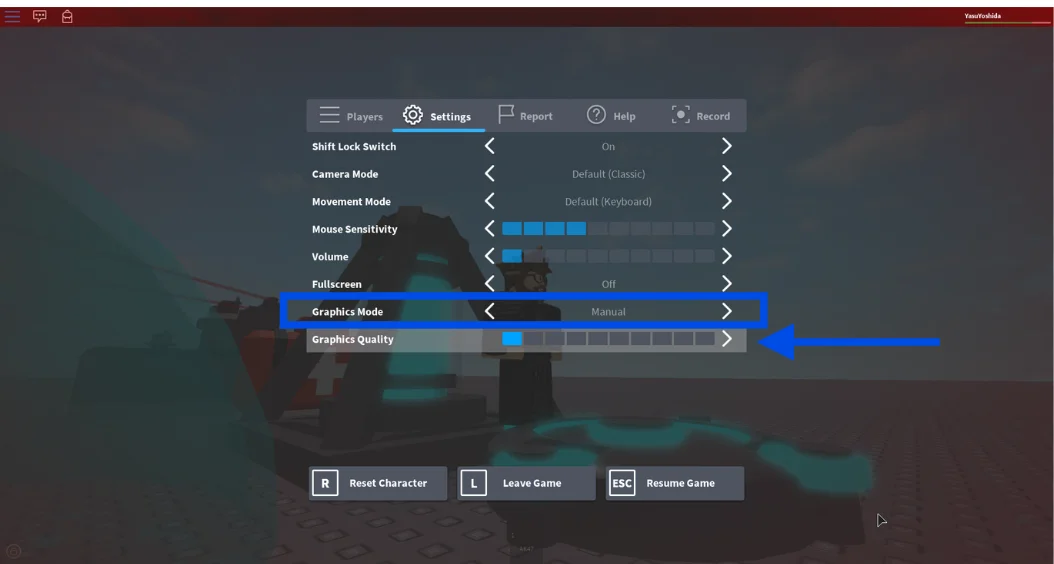 Shift Roblox Graphics to manual mode.