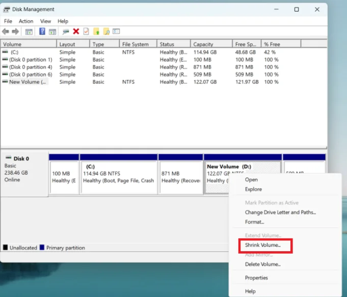 Go to disk management and select Shrink volume of D:.