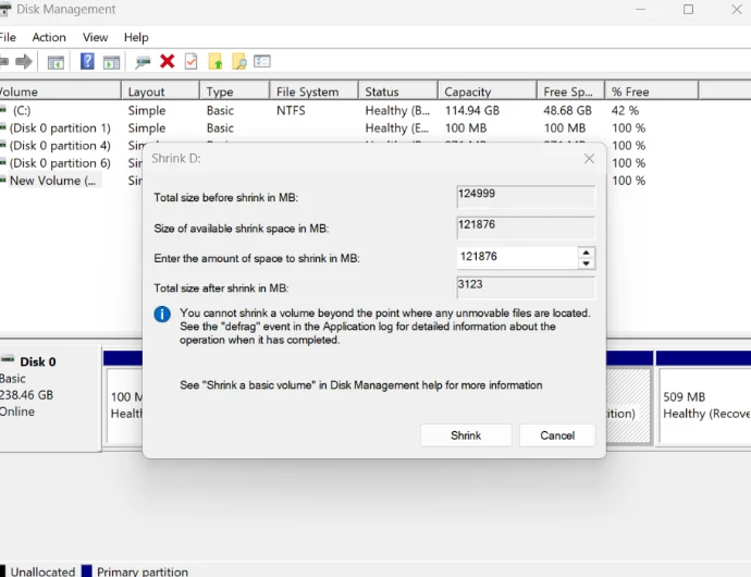Select the amount of space you want to shrink.