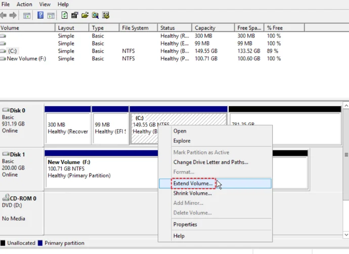 Select the extended volume of C: to extend its space.