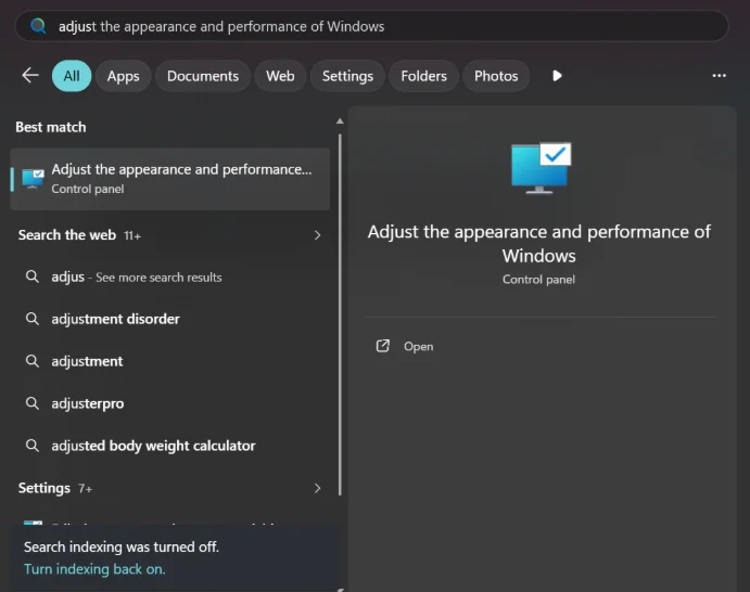 Adjust the appearance and performance of Windows.