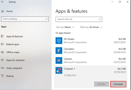 Click Uninstall to remove the CCleaner app from your Windows PC.