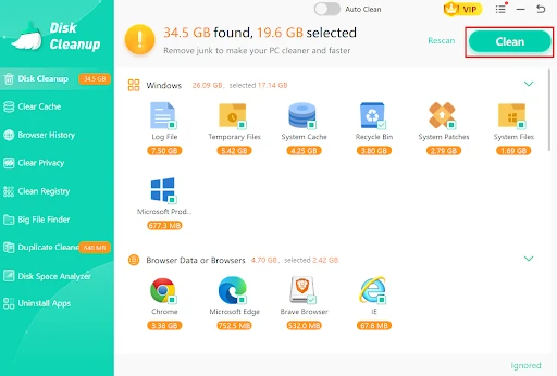 Click Clean to remove unwanted apps from your Windows PC.