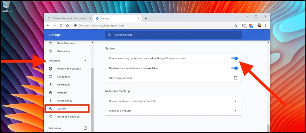  Go to Chrome settings and Switch off the Continue running background apps when Chrome is closed.
