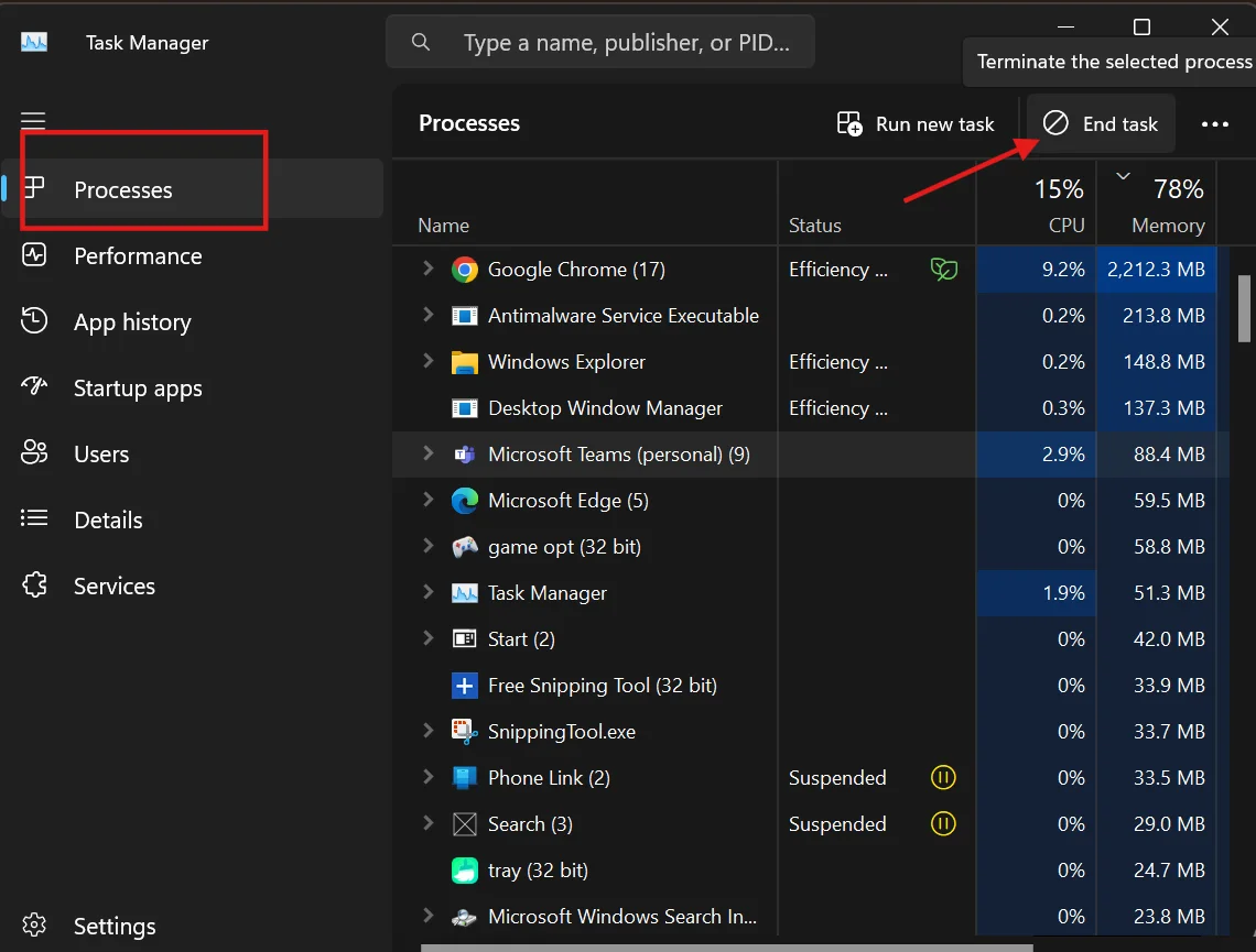 Terminate background traffic via Task Manager.