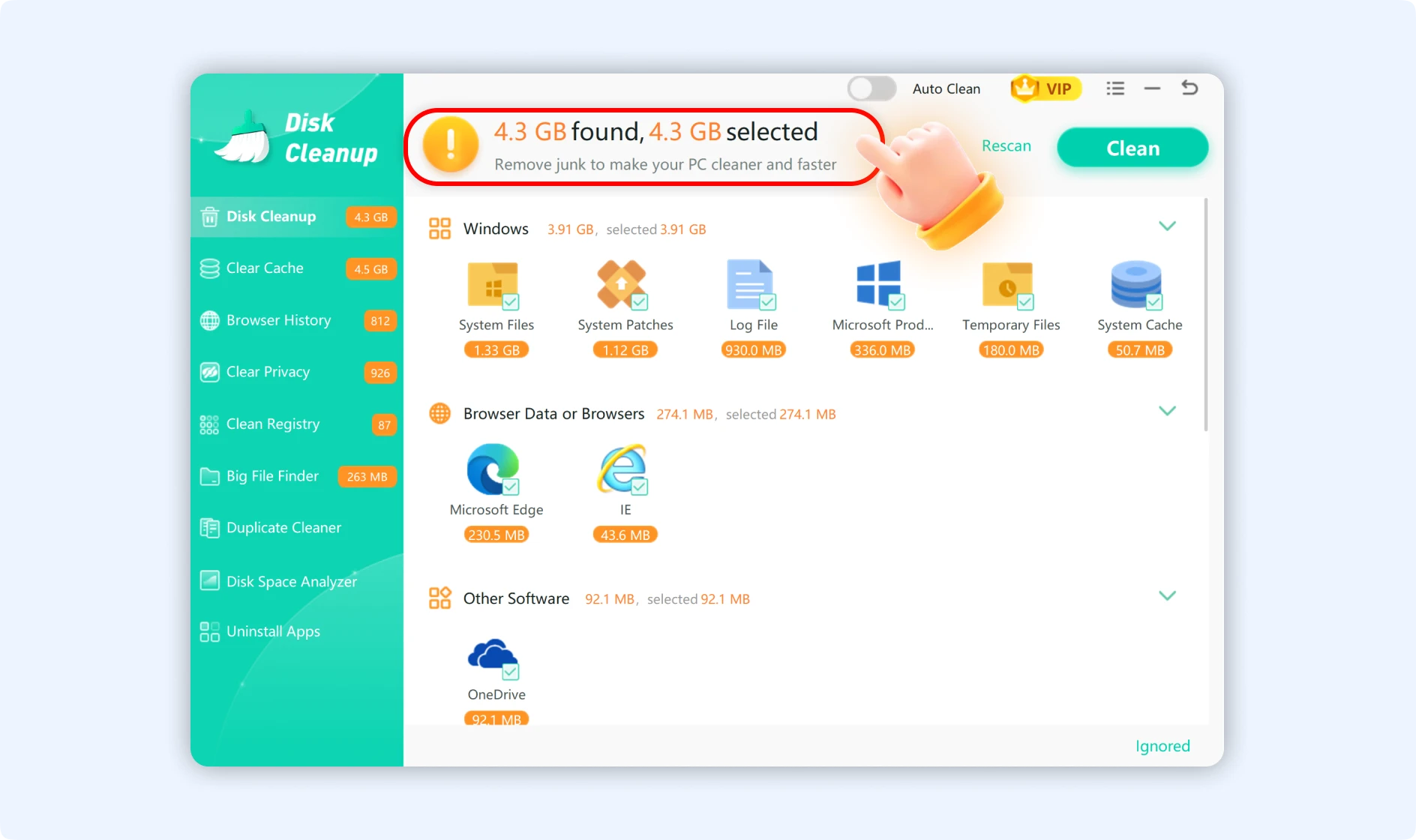 Upon scan completion find the total size of junk files at the top.