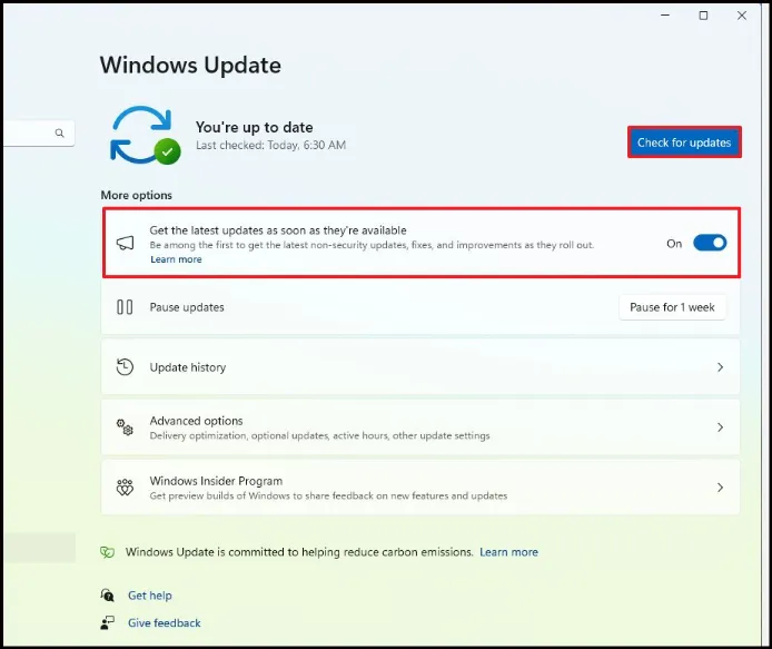  Windows 11 Settings Windows Update page showing Check for updates button.