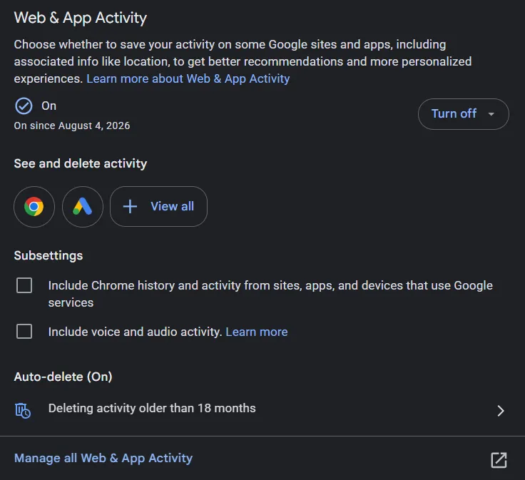 Turn off or pause Web App Activity.