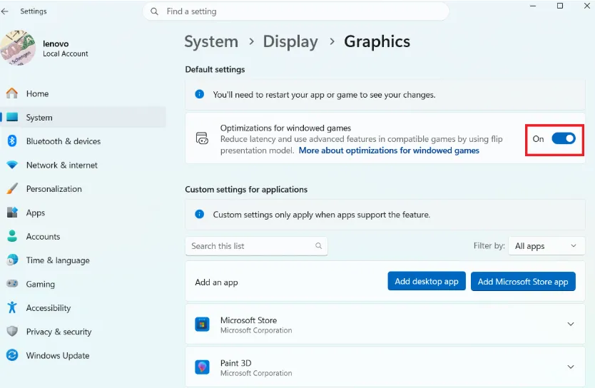 Turn on optimization for windowed games to get the best performance.