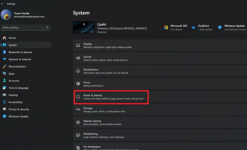 Navigate to System, then Power and battery.