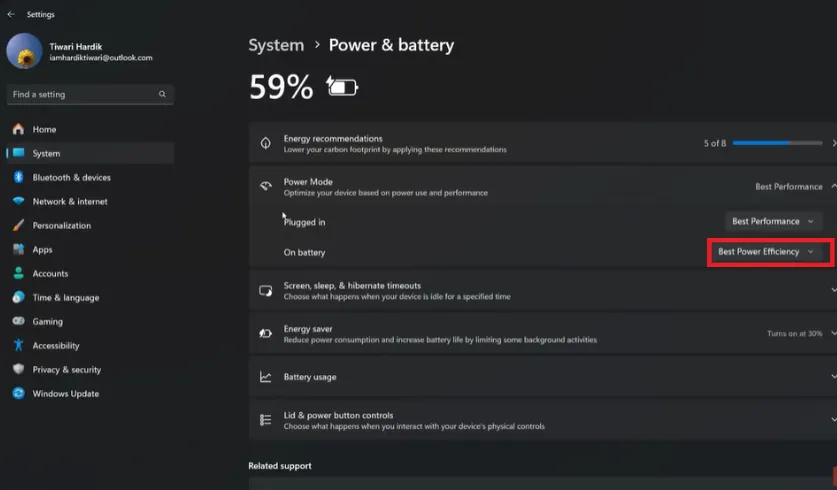 Change the power mode to best power efficiency for optimization.