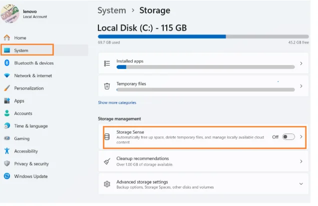 Go to the system and then turn on Storage Sense.