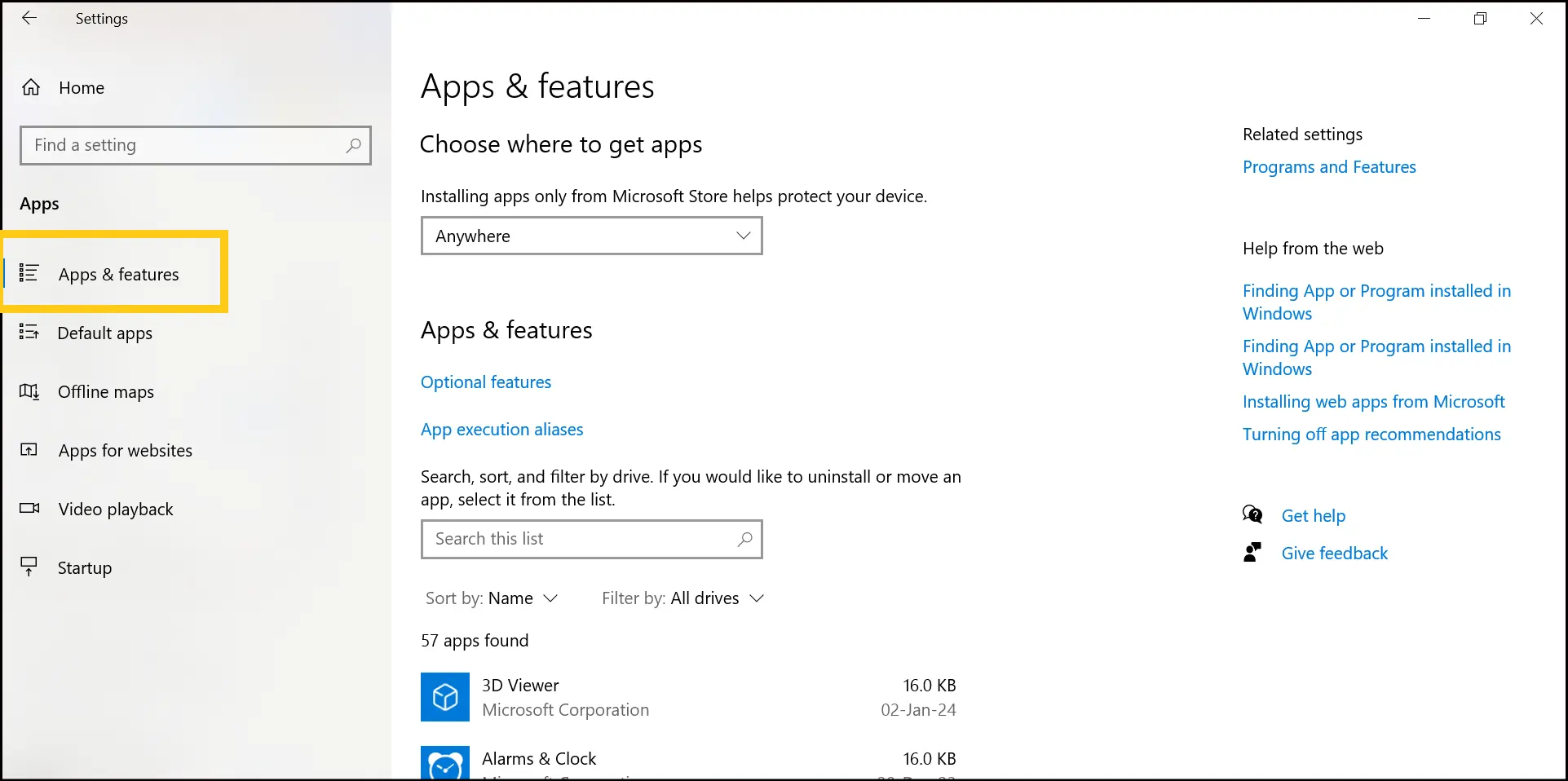Apps & features page with your complete list of apps with their sizes on Windows 10.