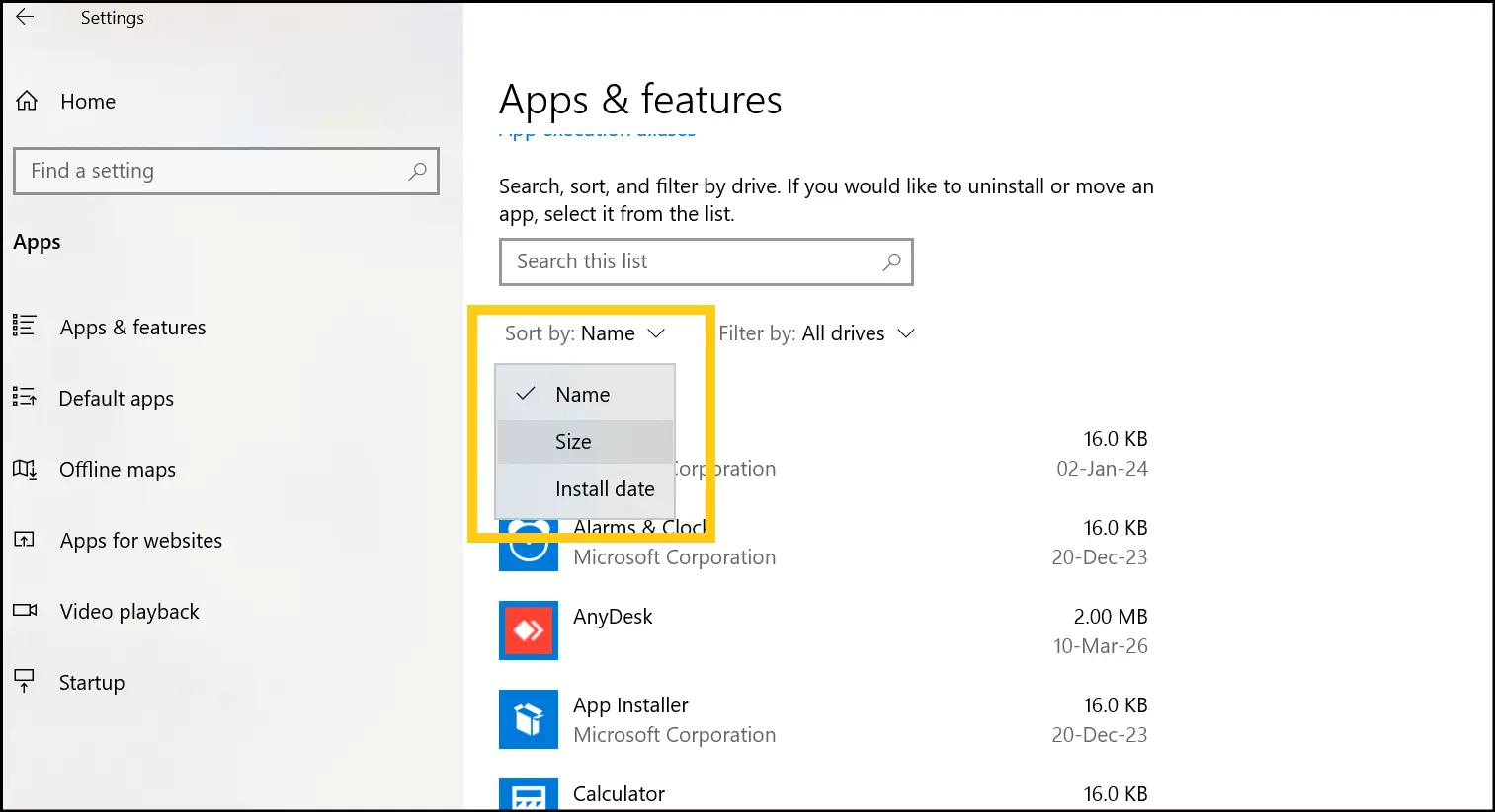 Open the dropdown menu and sort your installed & apps.