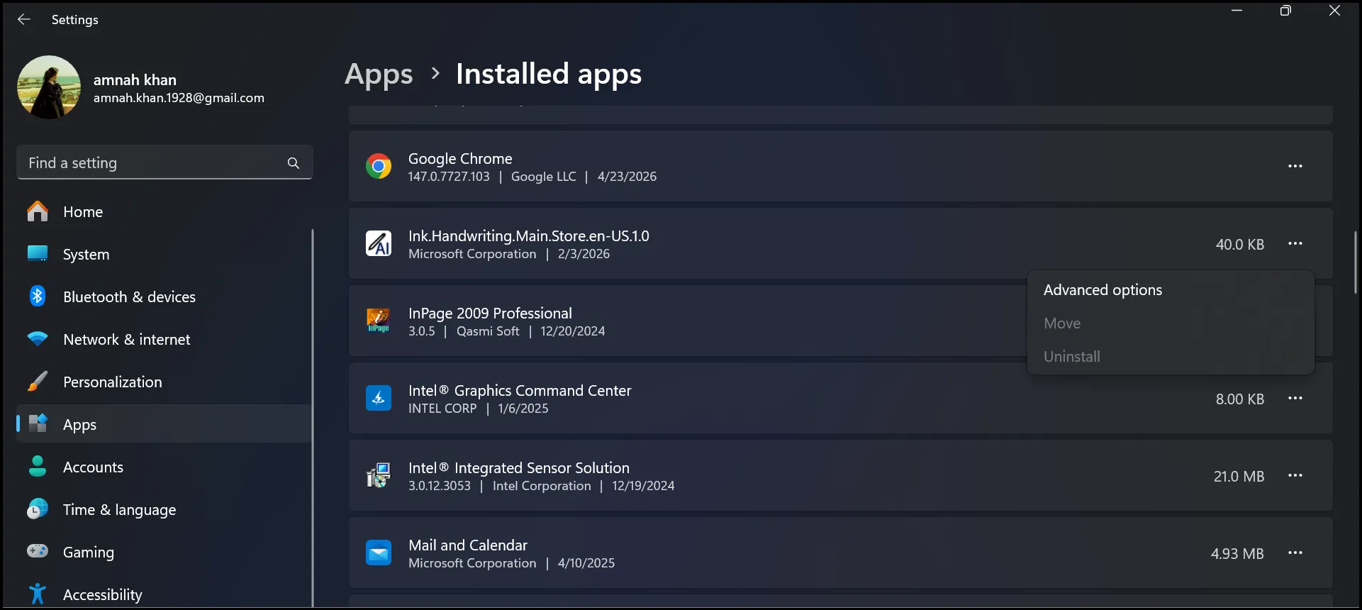  Windows 11 Settings Installed Apps list showing app with Uninstall option in dropdown.