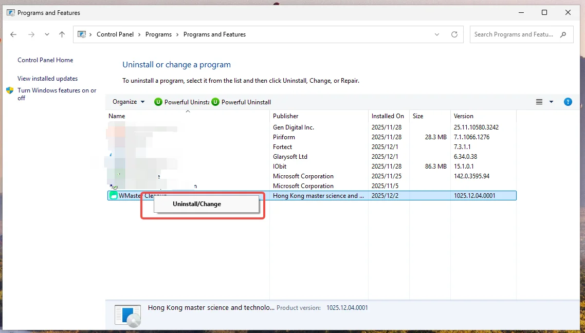 Click uninstall/change.